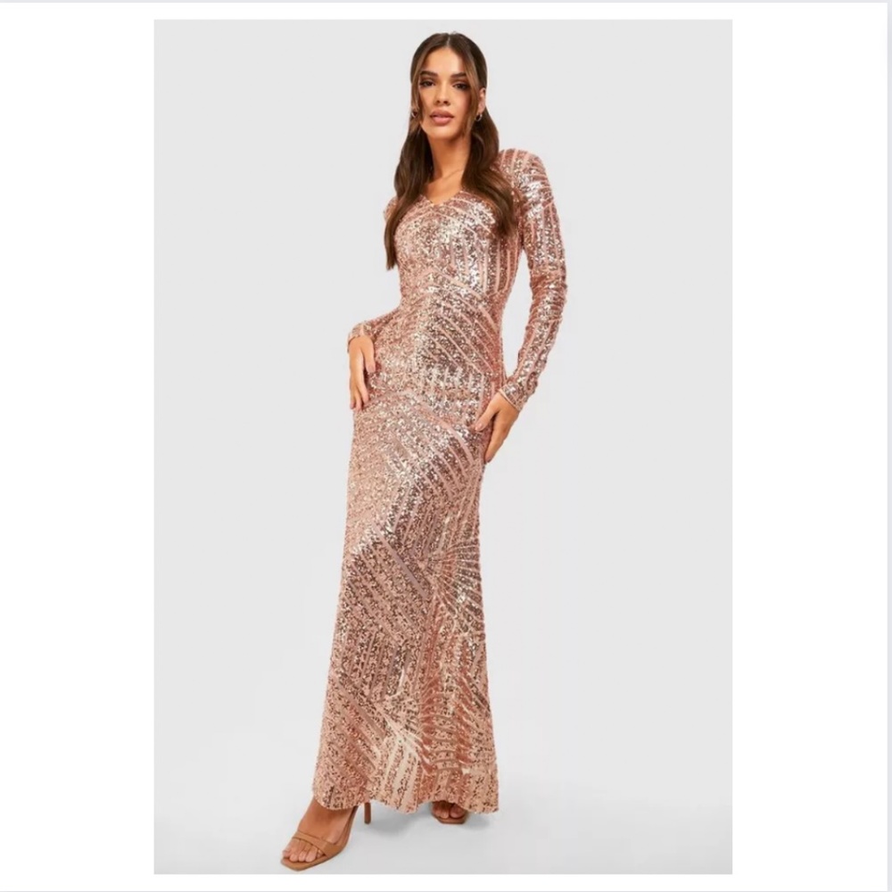 NWT BOOHOO | Sequin Long Sleeve Maxi Dress | Gold/Champagne | Size: 8